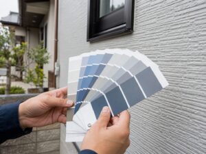 外壁塗装の色見本を屋外で確認している様子